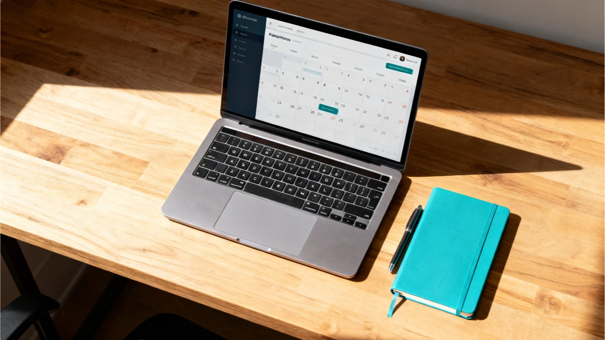 Clean desk flatlay with laptop showing a scheduling tool interface - exploring a Calendly alternative for small business owner