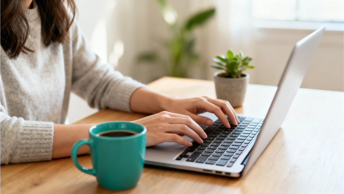 Close-up of hands typing on a laptop while researching teachable alternatives in a bright home office