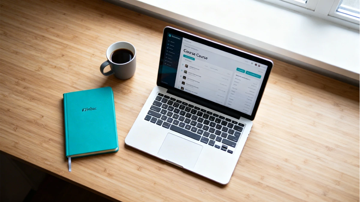 Overhead flatlay of a laptop showing an online course platform dashboard beside a teal notebook on a clean desk