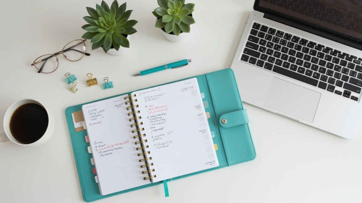 Clean desk flatlay with planner and laptop representing online business platform planning