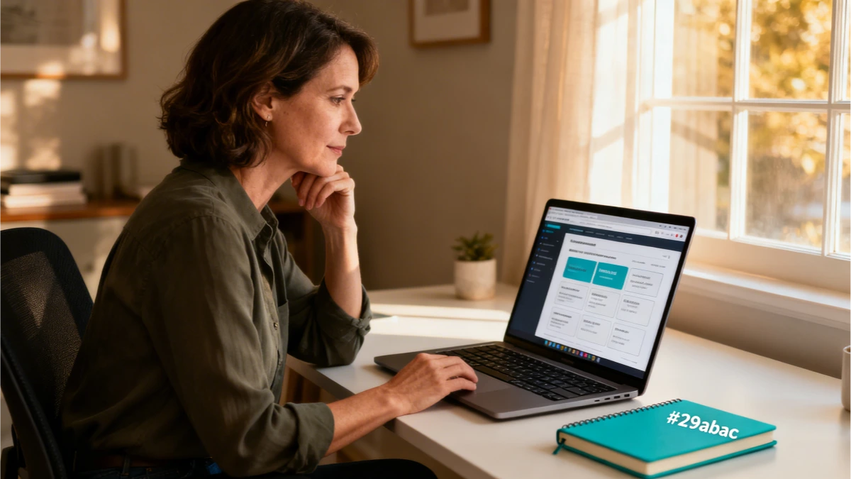 Woman comparing online business platform alternatives on a laptop at a home office desk