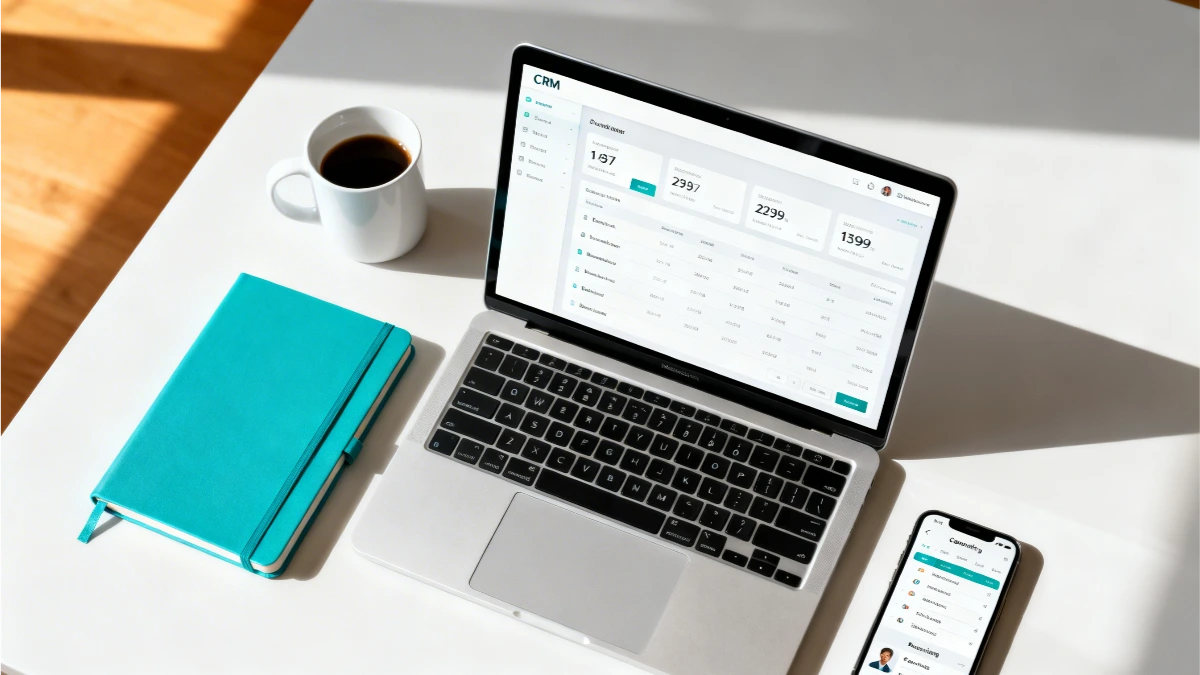 Clean desk setup with laptop showing client management software for coaches