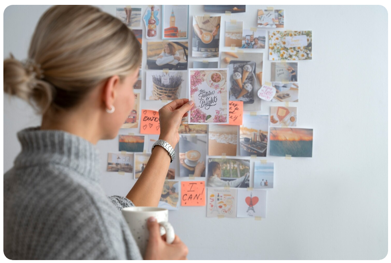 Vision board pinned to wall above a desk with travel photos, income goals and a teal pen, showing vision board ideas for business owners