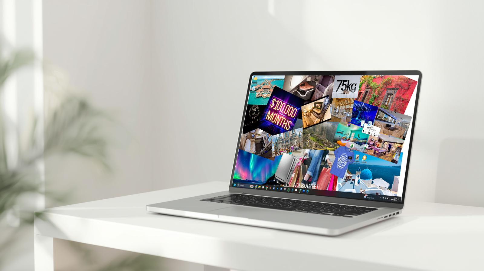 Digital vision board set as laptop homescreen wallpaper on a clean white desk with a teal water bottle