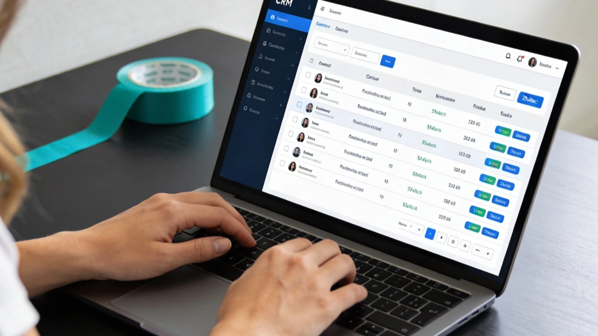 Business owner from behind working on email automation workflow in bright home office