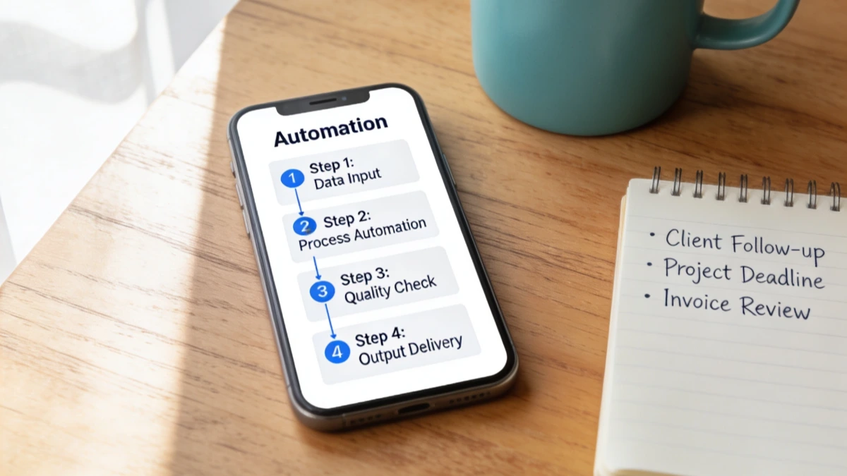 Overhead flat lay of automation workflow on smartphone screen beside notebook - business process automation software for small businesses