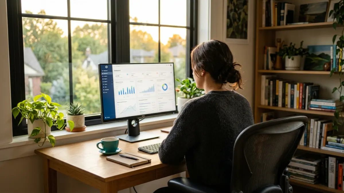 Woman from behind reviewing a business dashboard at a bright home office - choosing the right Kajabi pricing plan