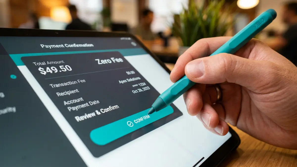 Hand tapping a payment confirmation screen on a tablet - understanding Kajabi pricing and transaction fees