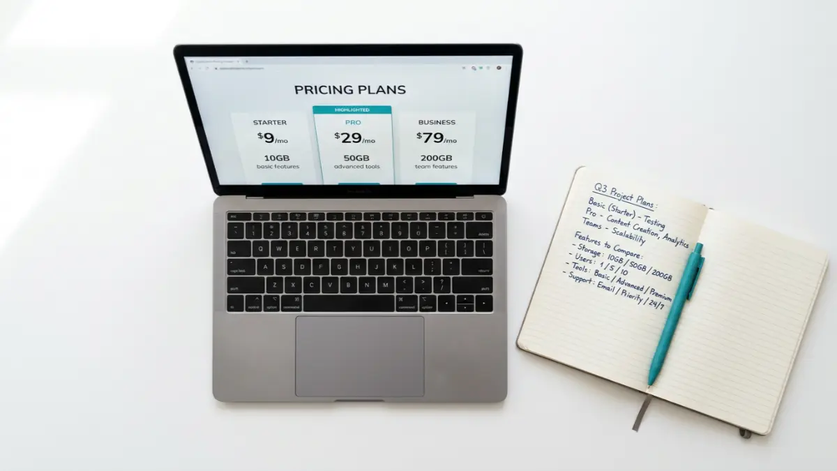 Notebook with a hand-drawn pricing tier comparison and teal highlights - Kajabi pricing plans breakdown 2026