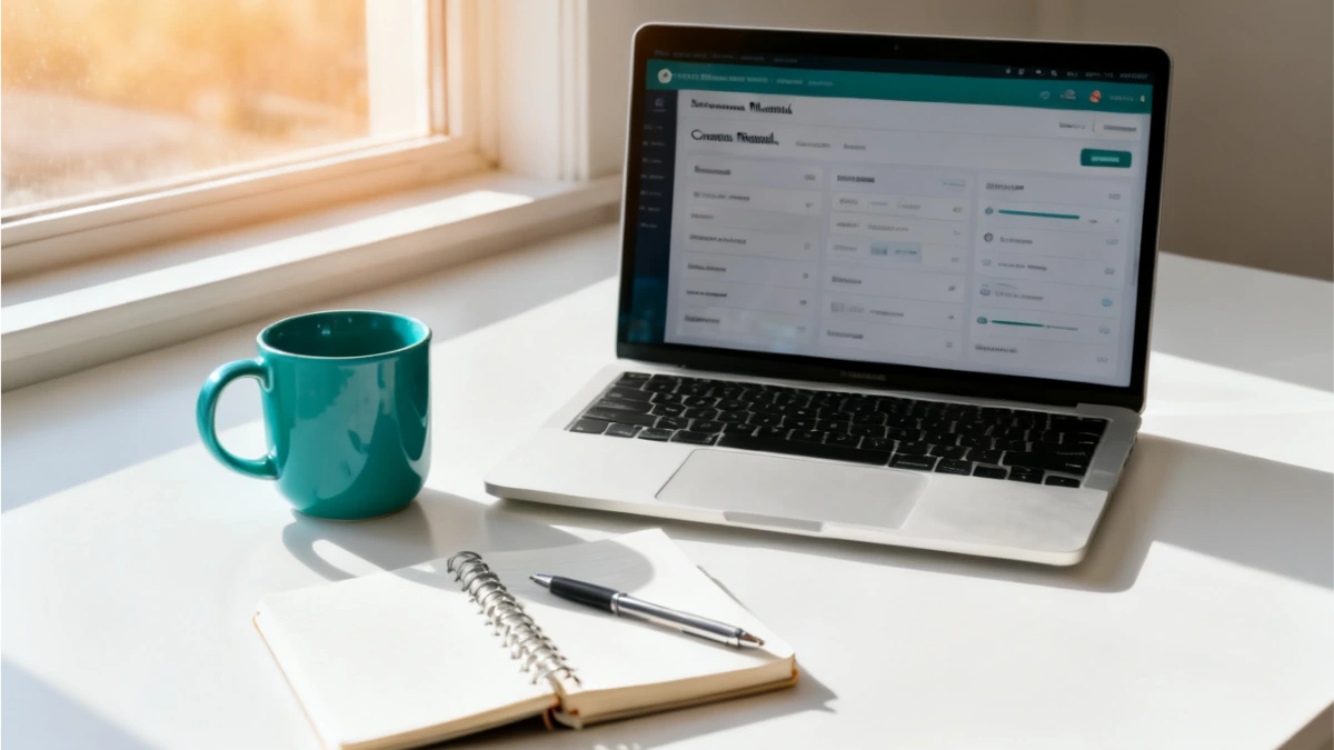 Laptop showing an online course platform dashboard on a tidy desk with a teal mug and notebook