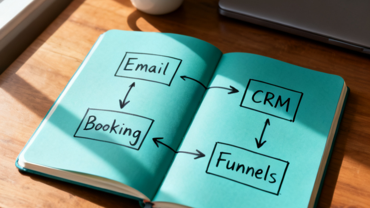 Flat lay desk showing a diagram connecting email, CRM, booking and funnel tools - representing what GoHighLevel replaces