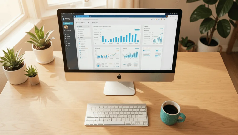 Business dashboard on monitor showing all-in-one platform for managing a webinar funnel