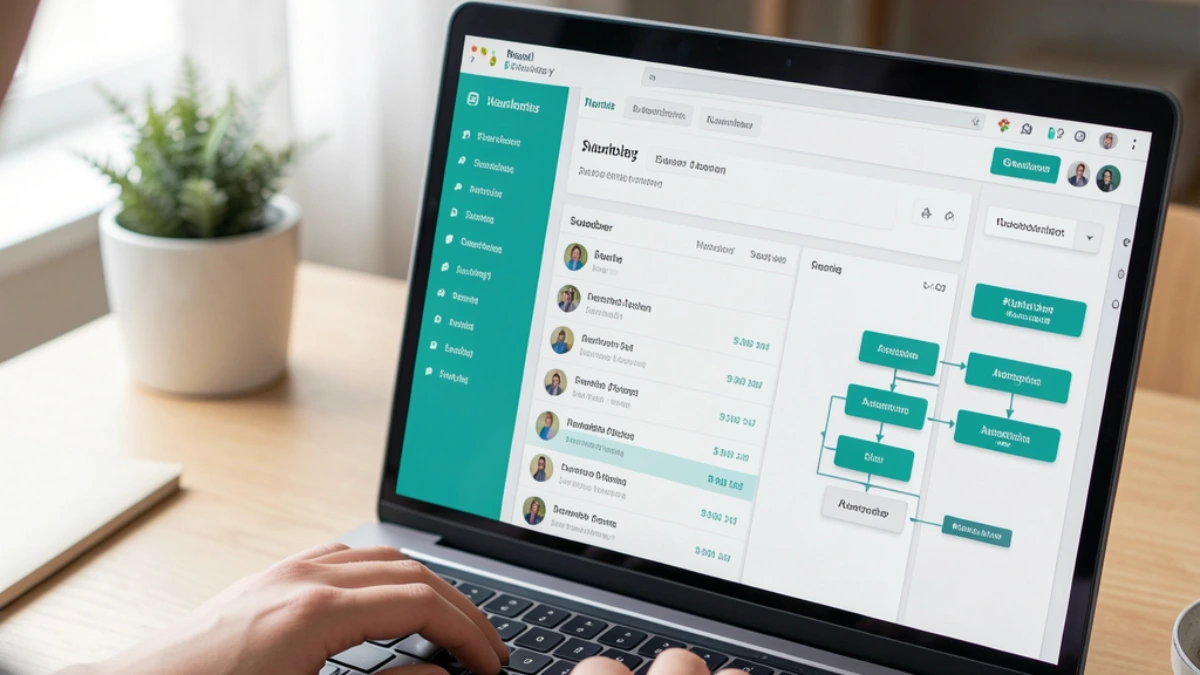 Hands typing on laptop showing email marketing automation dashboard for tripwire funnel setup