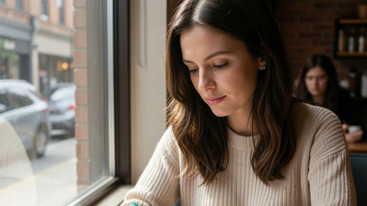 Woman reviewing a funnel plan at a cafe window - solopreneur planning a simple online business growth funnel