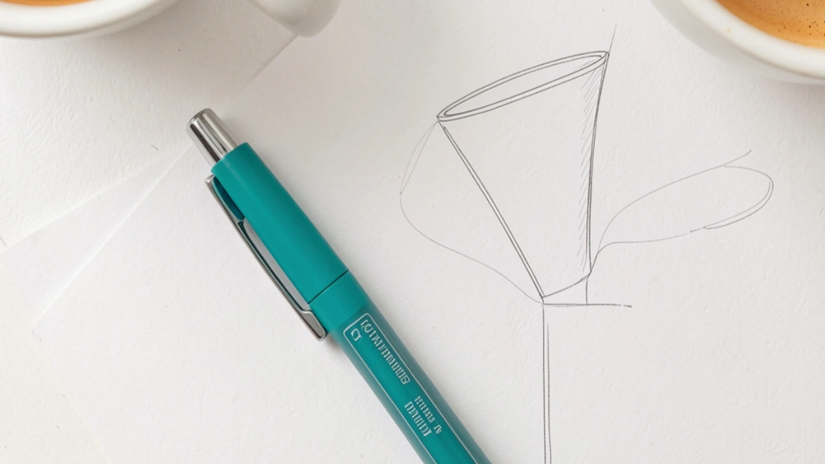 Overhead flatlay of a notebook with a simple funnel diagram on a clean desk - planning a growth funnel for an online business