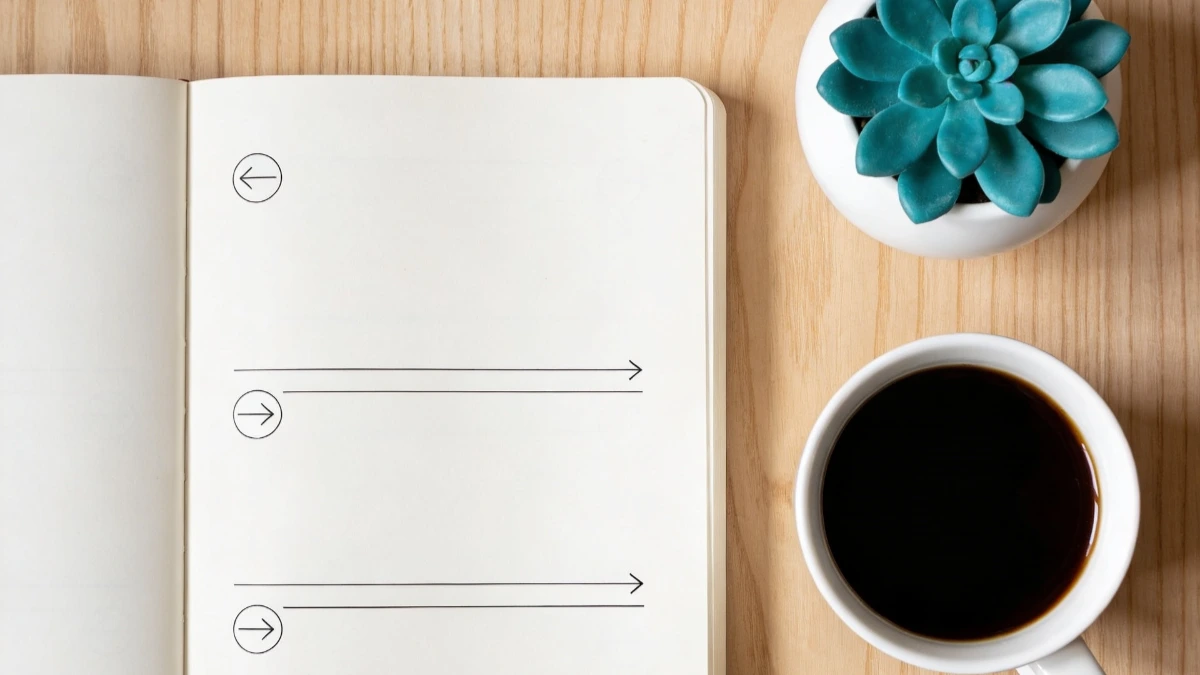 Overhead flatlay of a notebook with abstract arrow marks suggesting a funnel flow - planning a B2B sales funnel for a solo consultant