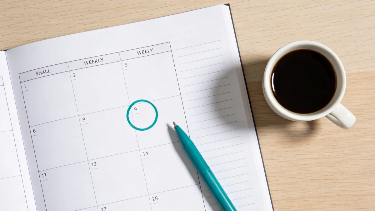Overhead flatlay of a planner with a circled date - scheduling a discovery call as part of a B2B sales funnel for a service business