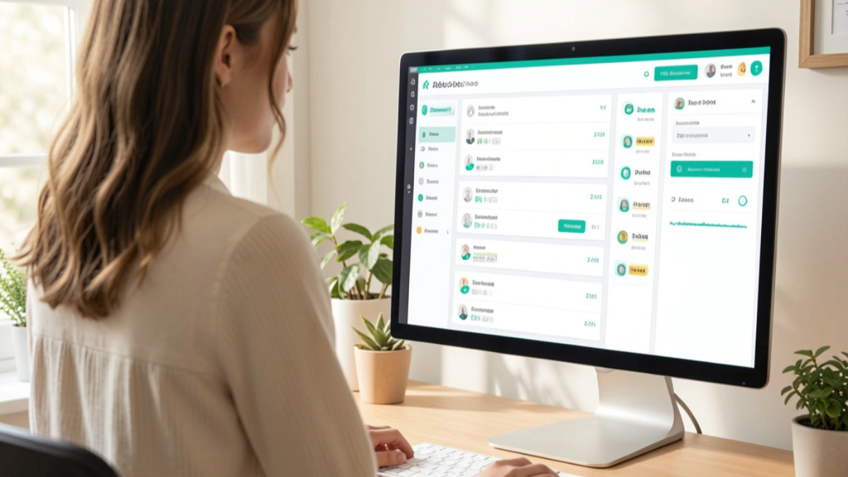 Email automation workflow visible on a monitor in a home office setup
