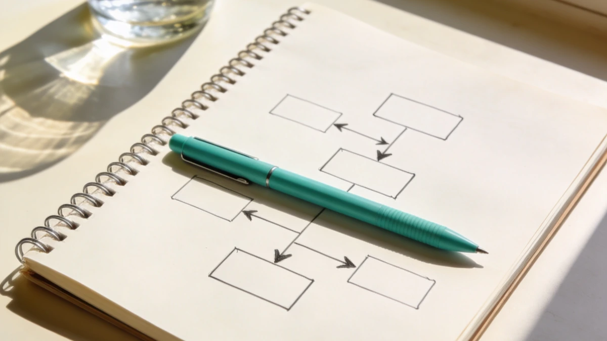 Hand-drawn coaching funnel diagram in a notebook with a teal pen on a clean desk