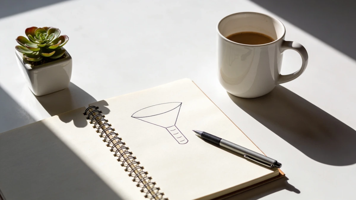 Overhead view of a desk with a hand-drawn funnel diagram in a notebook alongside a coffee cup