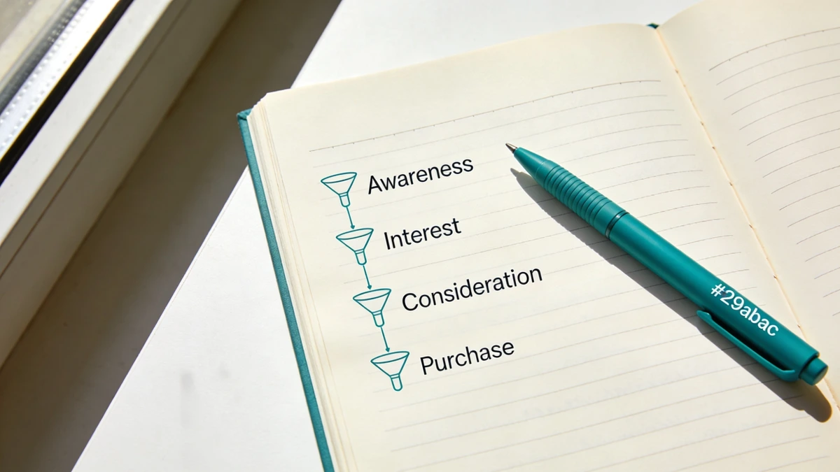 Notebook with hand-drawn sales funnel diagram showing stages for online business planning