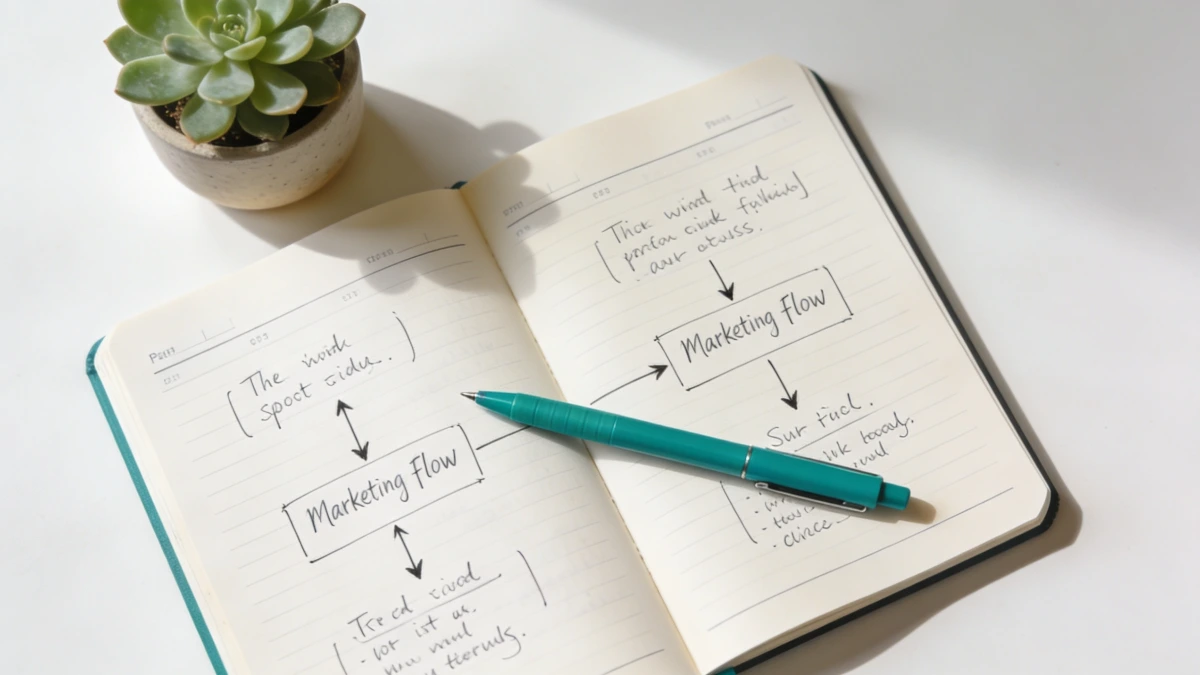Open planner with handwritten marketing flow notes and teal pen on a clean desk