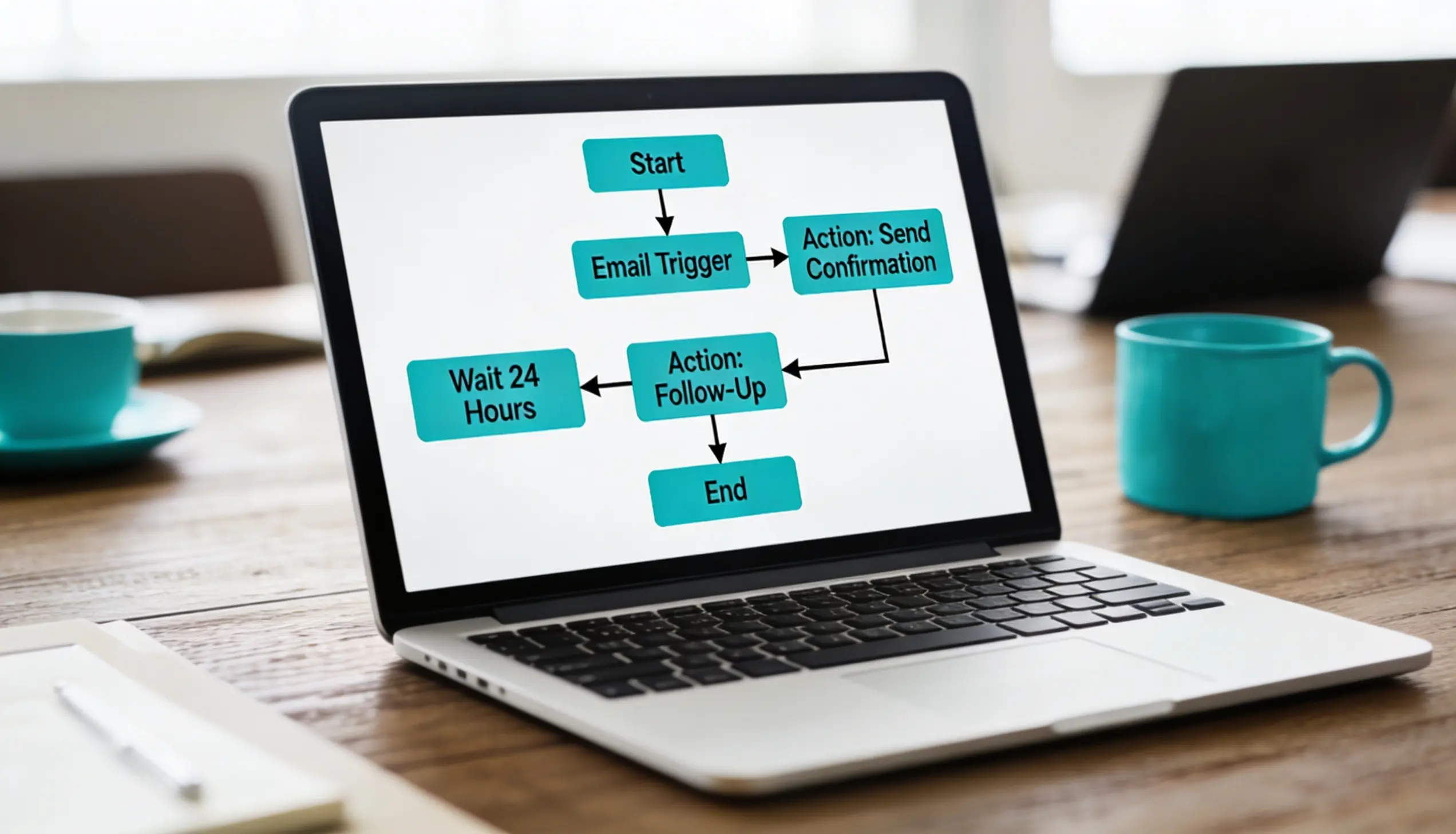 Laptop screen showing email automation workflow for a coaching business