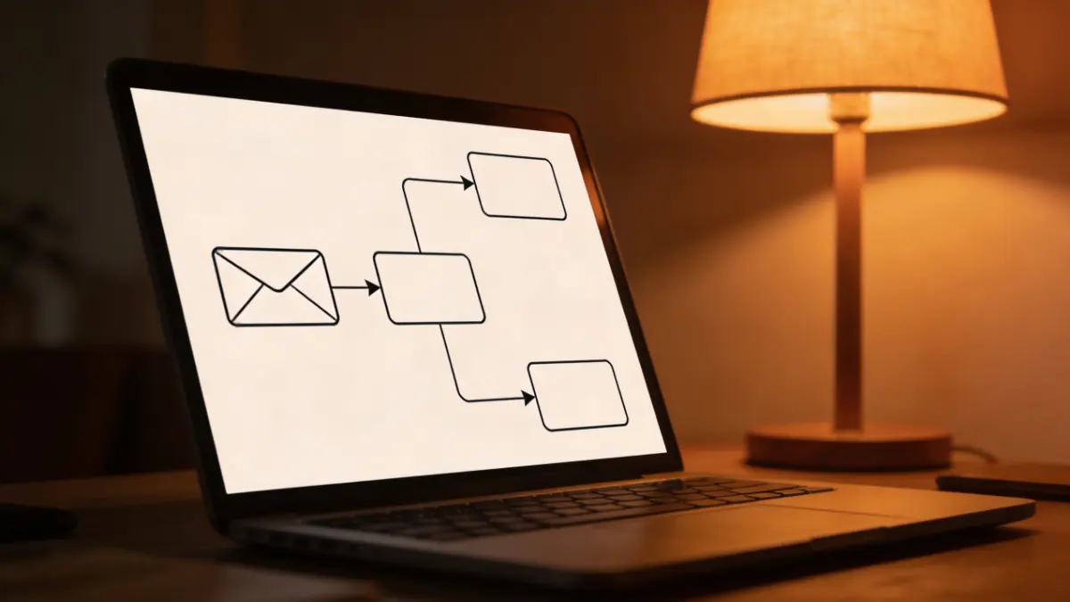 Email automation workflow displayed on laptop screen in a moody home office setting