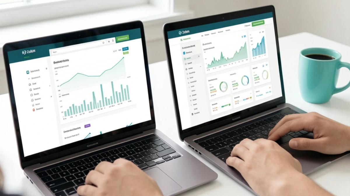 Two laptops side by side showing different funnel builder dashboards being compared on a clean desk