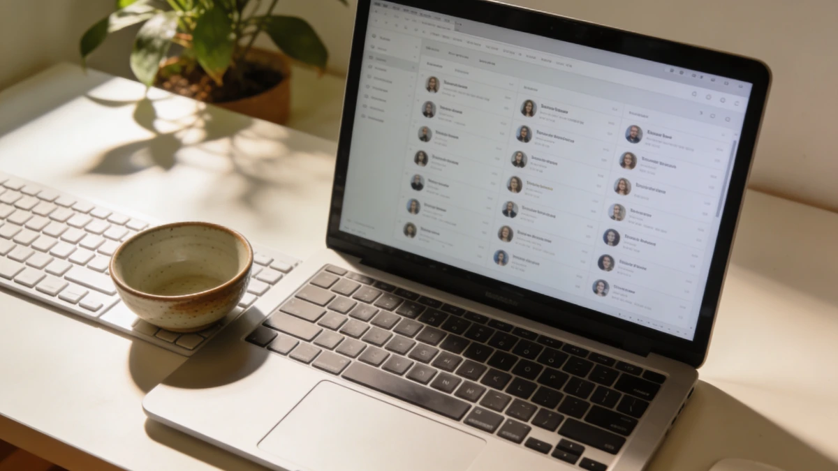 Laptop screen showing a contact list representing a CRM system for an online coaching business