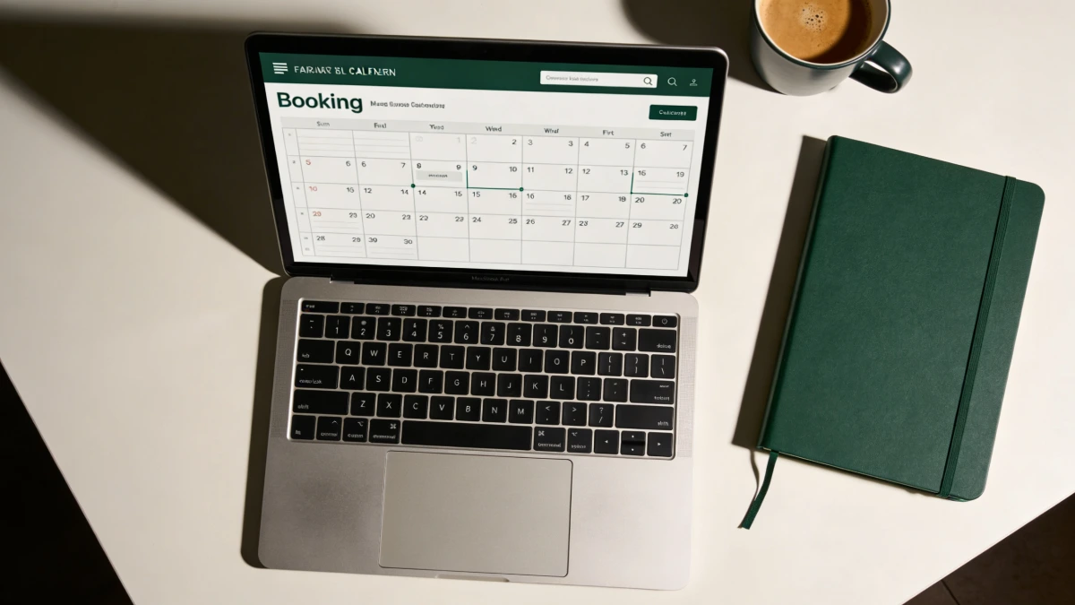 Laptop showing a coaching booking page with notebook representing the system setup for an online coaching business