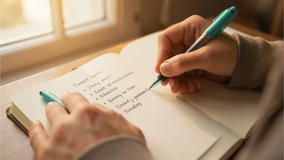Woman writing a business plan in a notebook with a teal pen mapping out her online coaching business setup