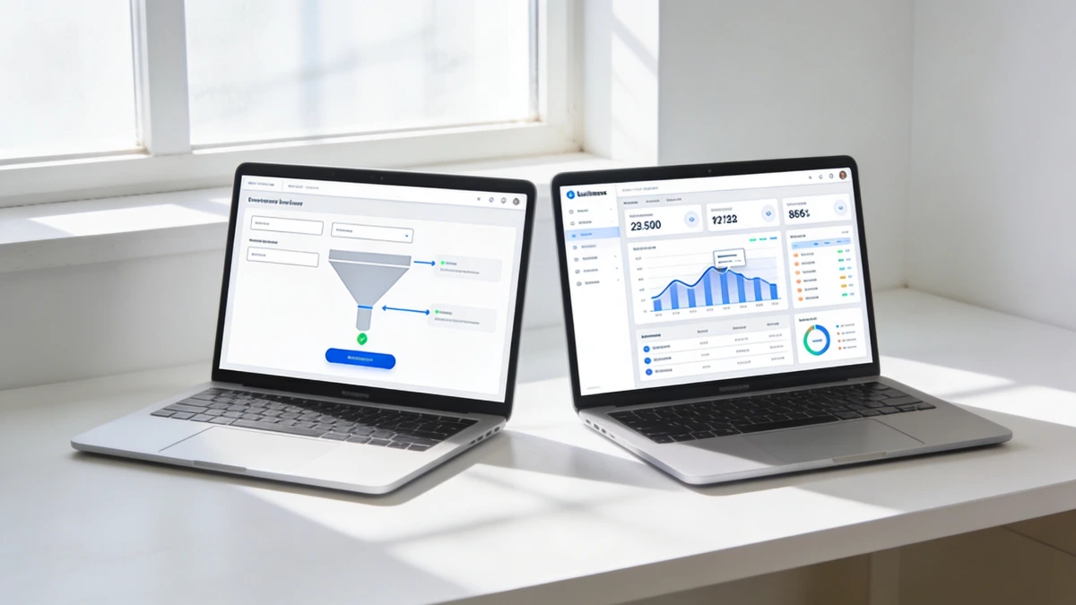 Two laptops side by side showing different software dashboards representing a platform comparison for coaches