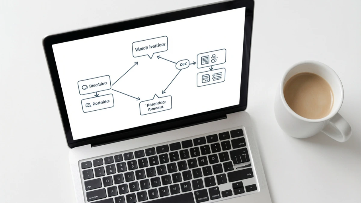 Laptop showing a workflow automation diagram representing business process automation tools for small online businesses