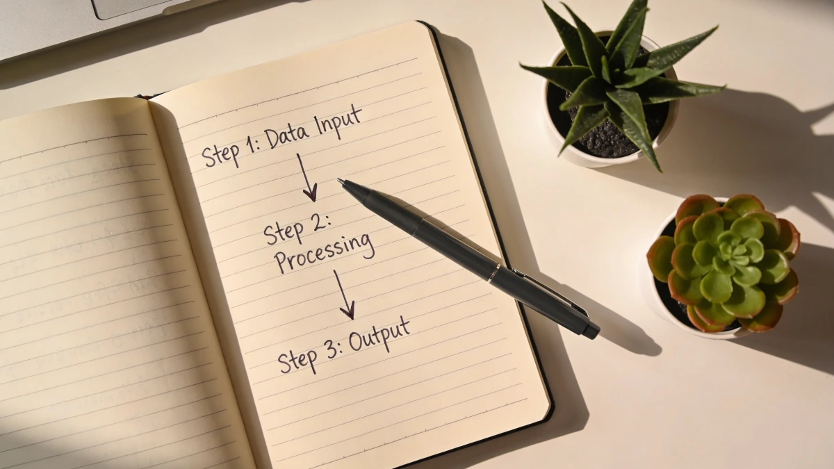 Notebook with hand-drawn automation flow diagram and numbered steps representing business process automation planning