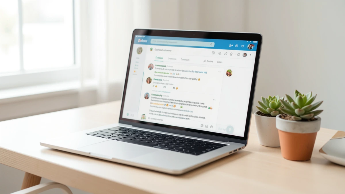 Laptop showing a community discussion feed representing membership site platforms for online coaching businesses Laptop showing a community discussion feed representing membership site platforms for online coaching businesses