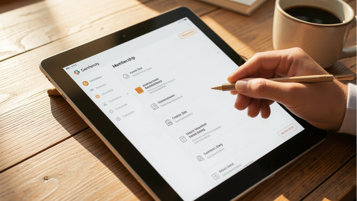 Hand scrolling through a membership site dashboard on a tablet representing membership site platforms for coaches Hand scrolling through a membership site dashboard on a tablet representing membership site platforms for coaches