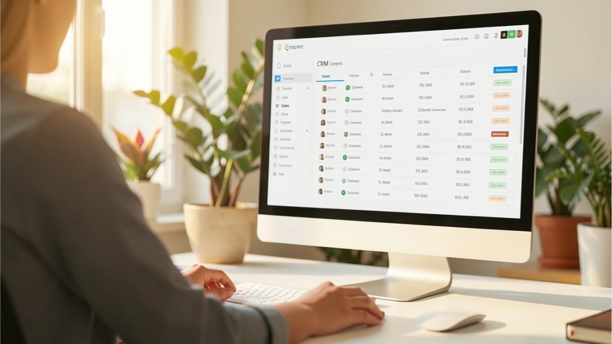 Person viewing a CRM contact list on a large monitor representing a CRM platform built for coaches and solopreneurs Person viewing a CRM contact list on a large monitor representing a CRM platform built for coaches and solopreneurs