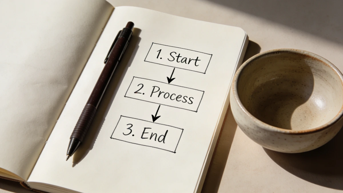 Notebook with hand-drawn three-step automation flow diagram representing small business automation planning for solopreneurs