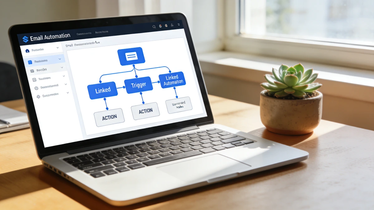 Laptop showing an email automation workflow screen representing workflow automation for small business coaches