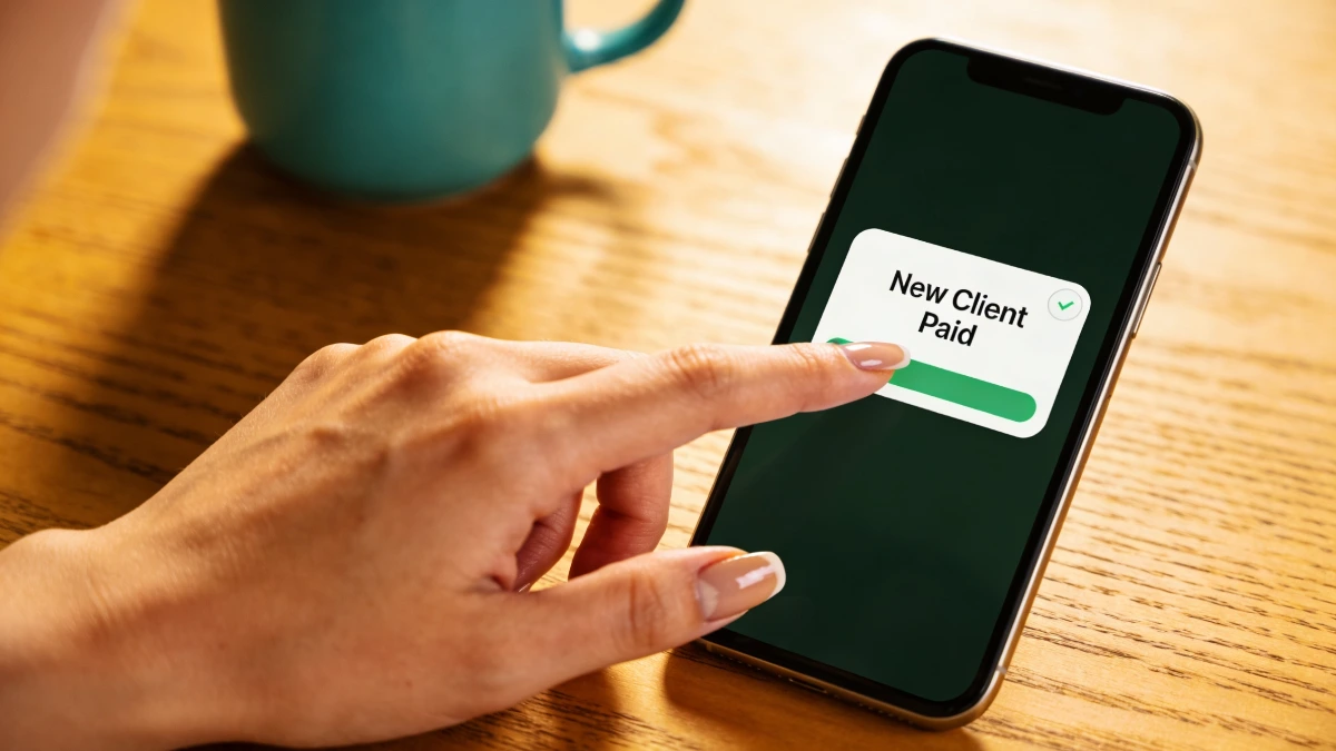 Hand tapping a smartphone showing a client booking notification representing automated business systems for coaches