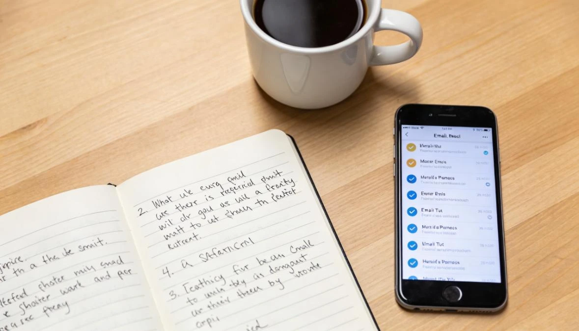 Overhead flatlay of desk with notebook and phone showing email inbox for small business email marketing