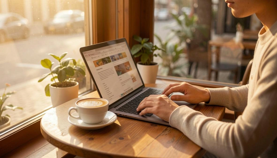 Person working on laptop at cafe window with coffee, representing flexible email marketing for small business owners