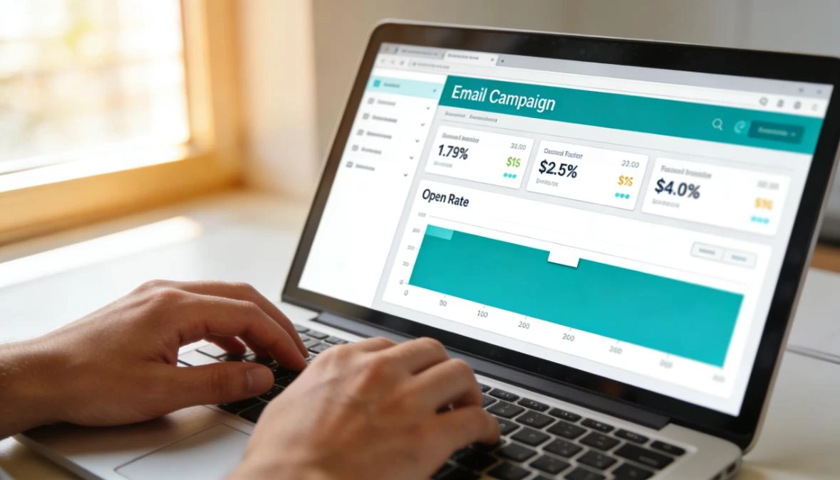 Hands on laptop showing email campaign dashboard with open rate statistics for small business owners