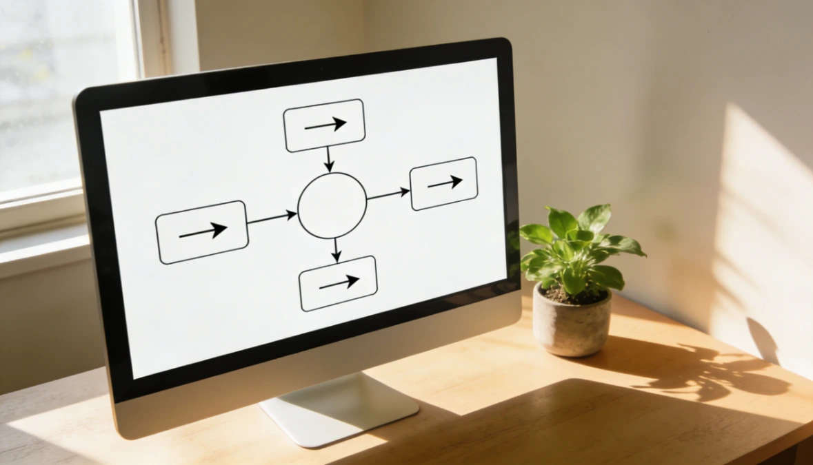 Clean home office desk with monitor showing workflow automation diagram for small business process automation Clean home office desk with monitor showing workflow automation diagram for small business process automation