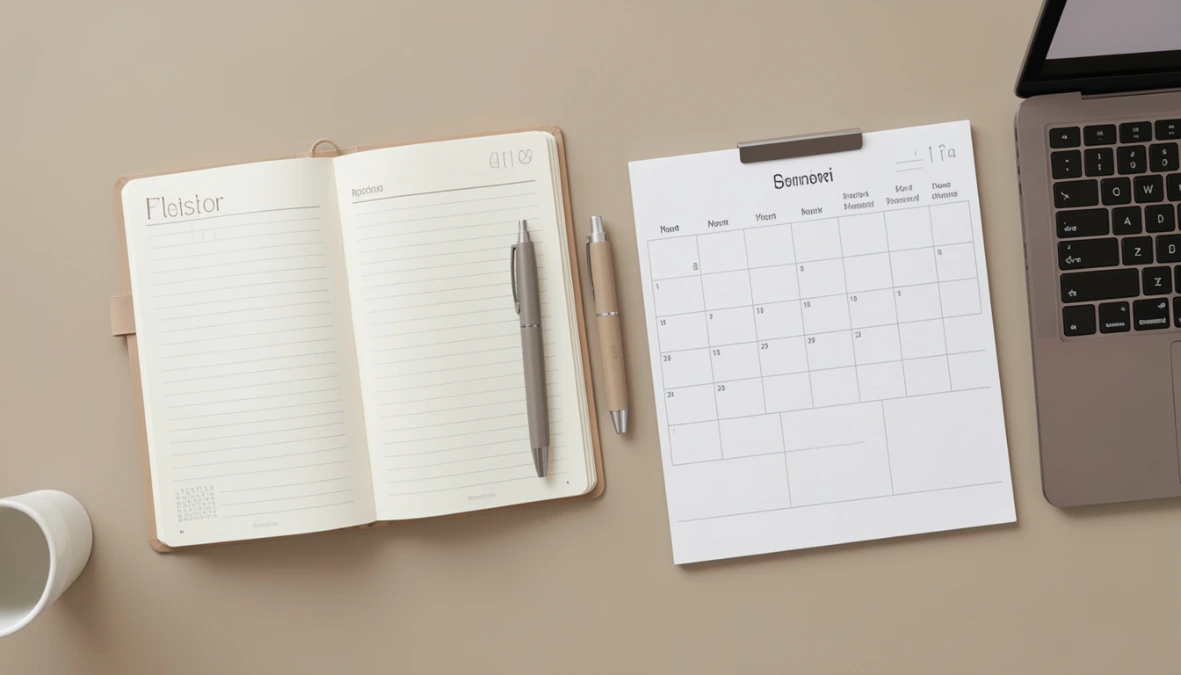 Overhead desk flatlay with planner and laptop calendar representing automating business processes for appointment scheduling Overhead desk flatlay with planner and laptop calendar representing automating business processes for appointment scheduling