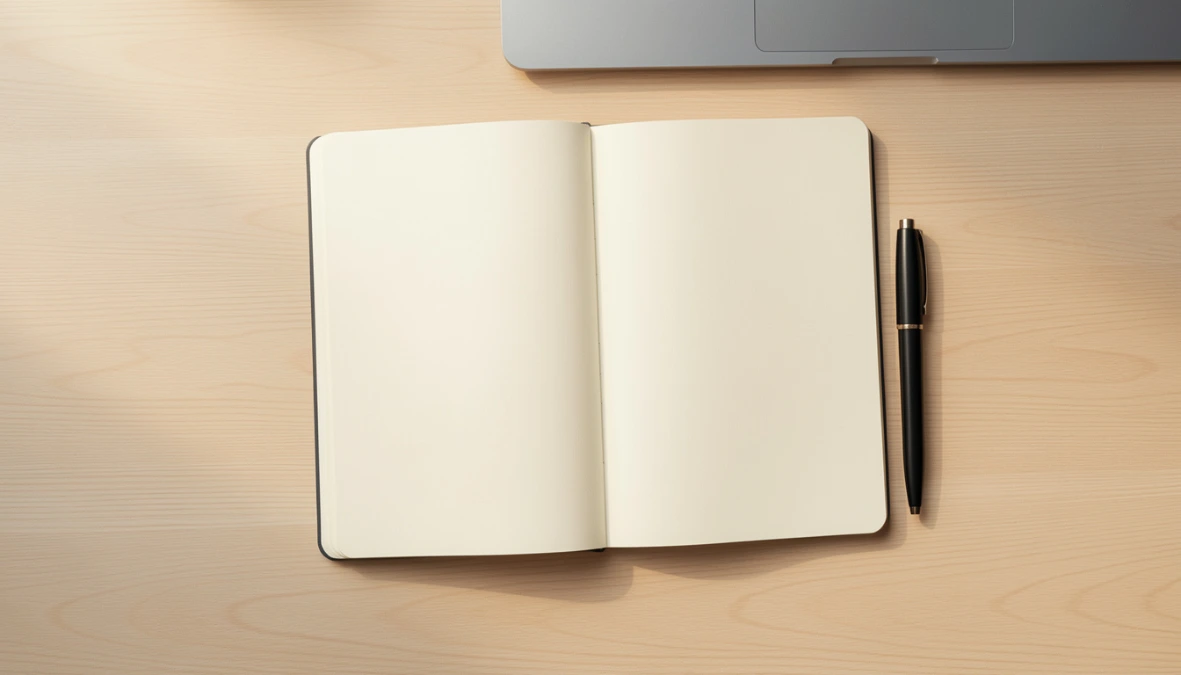 Overhead desk flatlay with notebook checklist representing online course platform comparison for small business owners