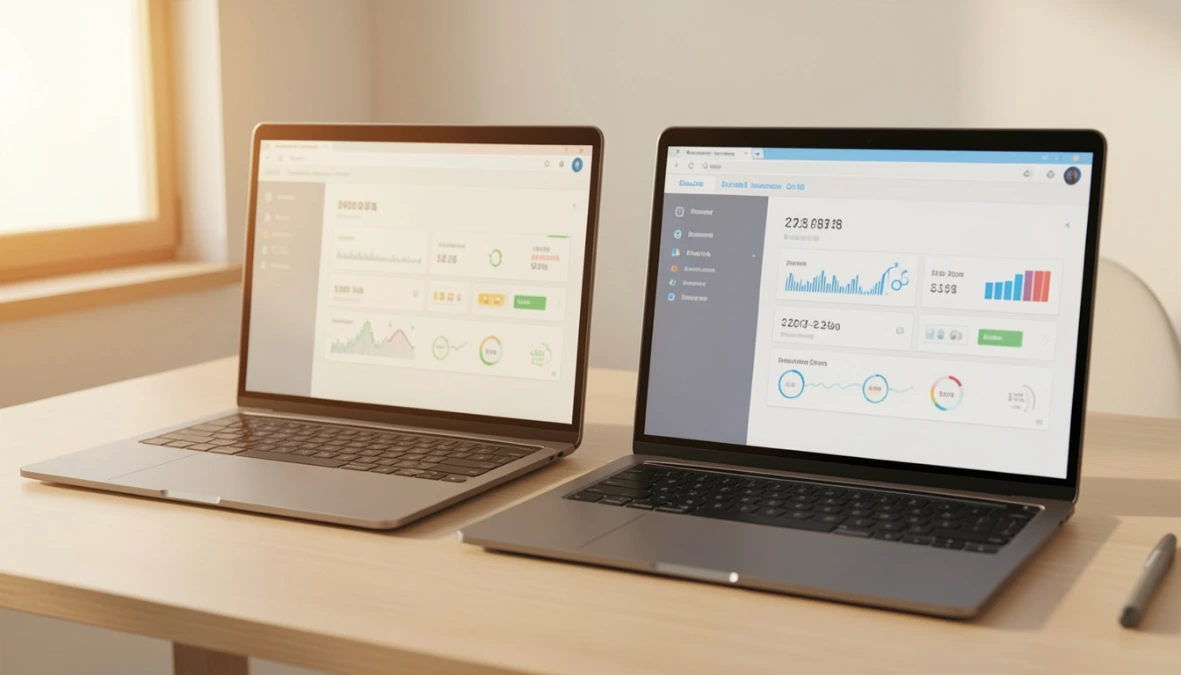 Two laptops side by side on a light wood desk showing dashboard interfaces representing ESC Hub vs Podia comparison for coaches and solopreneurs