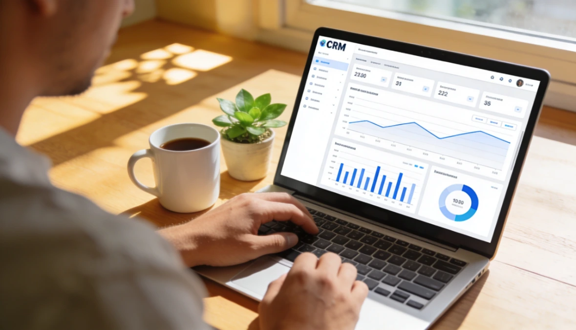 Person at home office desk with laptop showing CRM dashboard representing coaching business software for solopreneurs