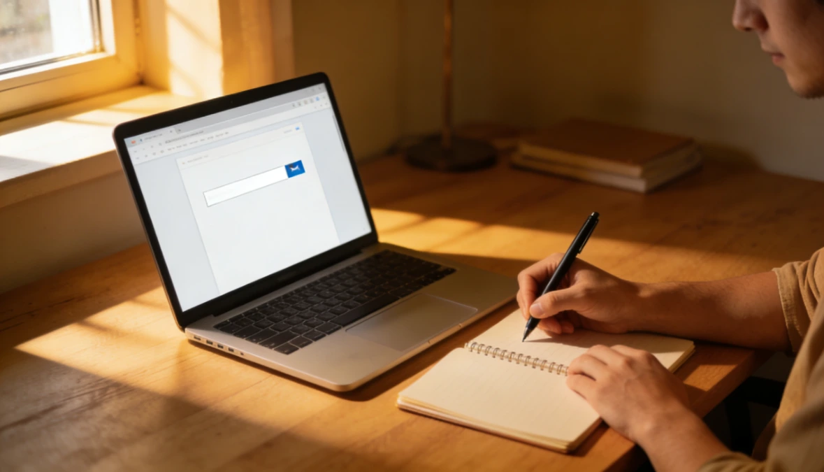 Person writing in notebook at desk with laptop open representing email marketing tips for small business owners